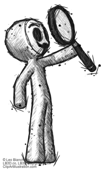 Sketch Little Anarchist Hacker Man Inspecting With Large Magnifying Glass Facing Up #14825