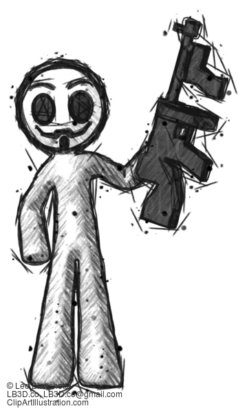 Sketch Little Anarchist Hacker Man Holding Tommygun #14848