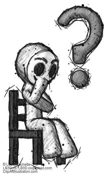 Sketch Little Anarchist Hacker Man Question Mark Concept, Sitting On Chair Thinking #14849