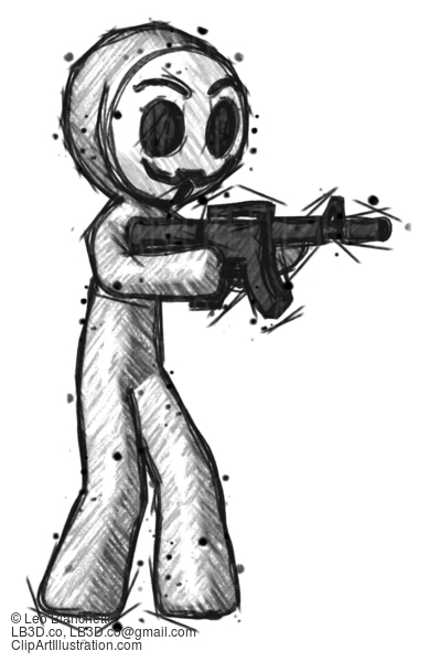 Sketch Little Anarchist Hacker Man Shooting Automatic Assault Weapon #14853