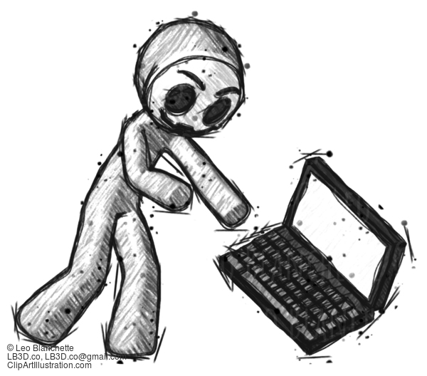 Sketch Little Anarchist Hacker Man Throwing Laptop Computer In Frustration #14861