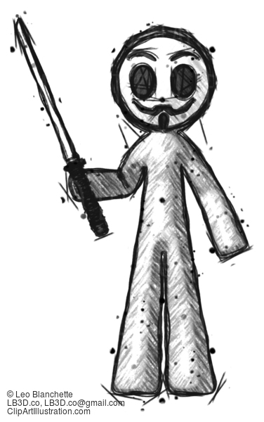 Sketch Little Anarchist Hacker Man Standing Up With Ninja Sword Katana #14870