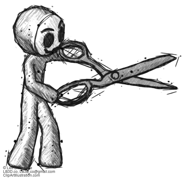 Sketch Little Anarchist Hacker Man Holding Giant Scissors Cutting Out Something #14871