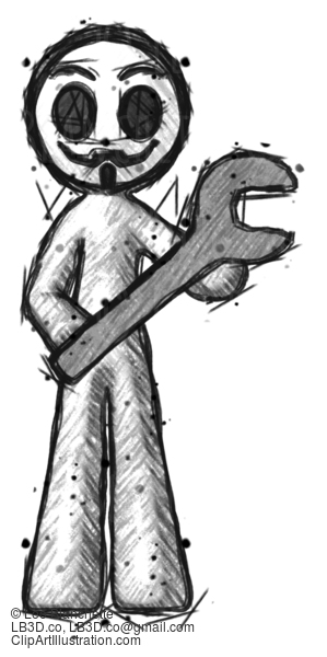 Sketch Little Anarchist Hacker Man Holding Large Wrench With Both Hands #14878