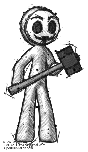 Sketch Little Anarchist Hacker Man With Sledgehammer Standing Ready To Work Or Defend #14880