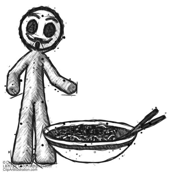 Sketch Little Anarchist Hacker Man And Noodle Bowl, Giant Soup Restaraunt Concept #14884