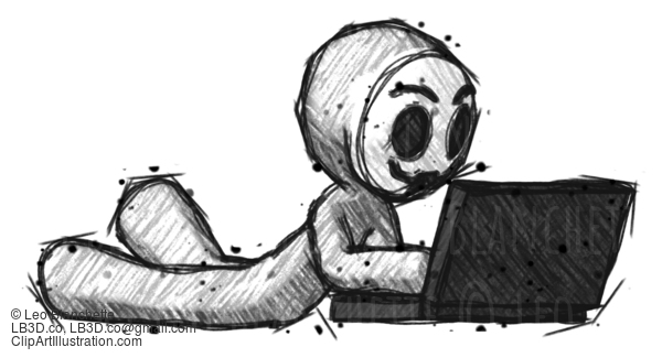 Sketch Little Anarchist Hacker Man Using Laptop Computer While Lying On Floor Side Angled View #14888