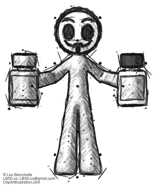 Sketch Little Anarchist Hacker Man Holding Two Medicine Bottles #14901