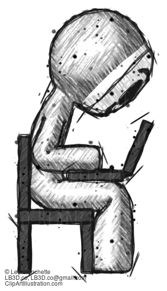 Sketch Little Anarchist Hacker Man Using Laptop Computer While Sitting In Chair View From Side #14902