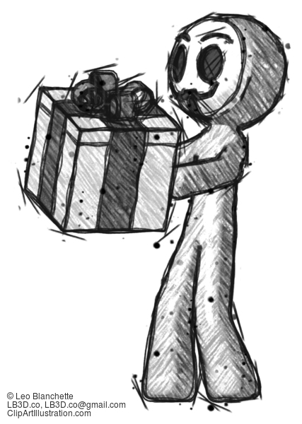 Sketch Little Anarchist Hacker Man Presenting A Present With Large Bow On It #14905