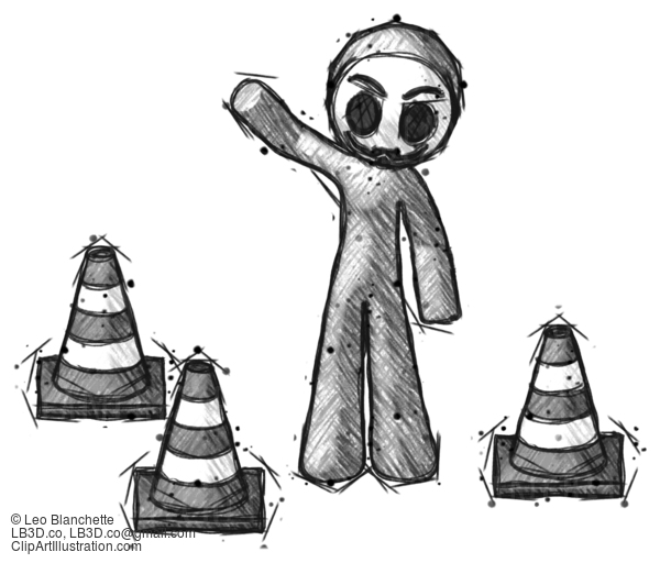 Sketch Little Anarchist Hacker Man Standing By Traffic Cones Waving #14908