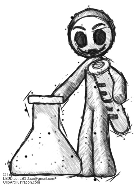 Sketch Little Anarchist Hacker Man Holding Test Tube Beside Beaker Or Flask #14909