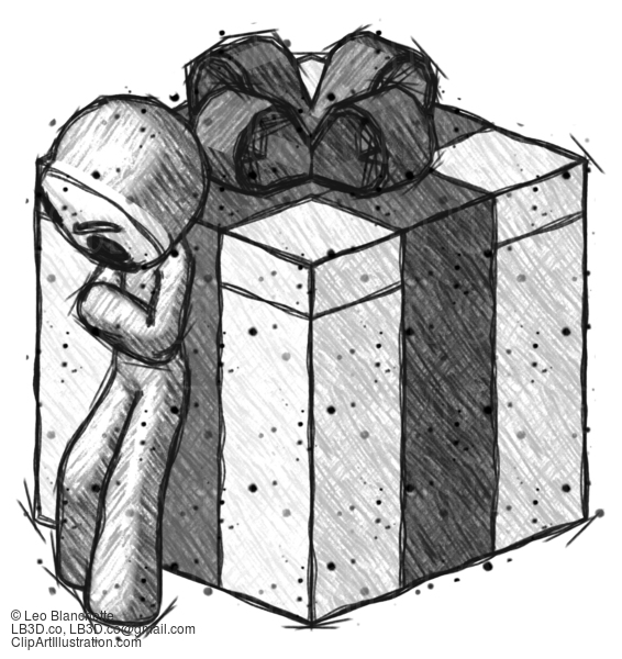 Sketch Little Anarchist Hacker Man Leaning On Gift With Bow Angle View #14912