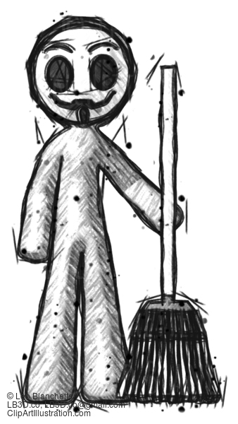 Sketch Little Anarchist Hacker Man Standing With Broom Cleaning Services #14924