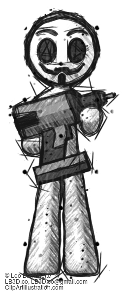 Sketch Little Anarchist Hacker Man Holding Large Drill #14925