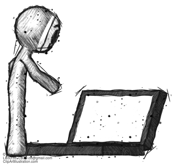 Sketch Little Anarchist Hacker Man Using Large Laptop Computer Side Orthographic View #14937