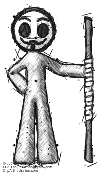 Sketch Little Anarchist Hacker Man Holding Staff Or Bo Staff #14944