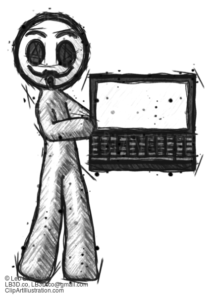 Sketch Little Anarchist Hacker Man Holding Laptop Computer Presenting Something On Screen #14948