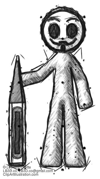 Sketch Little Anarchist Hacker Man Standing With Large Thermometer #14949