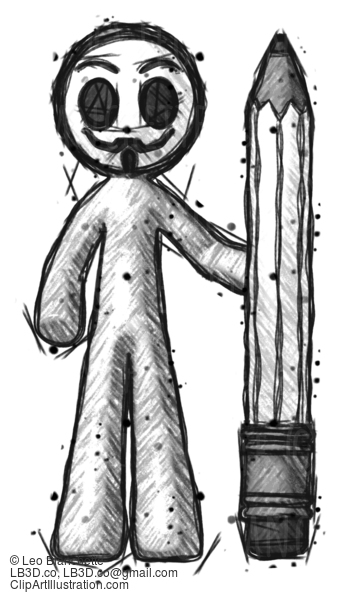 Sketch Little Anarchist Hacker Man With Large Pencil Standing Ready To Write #14953