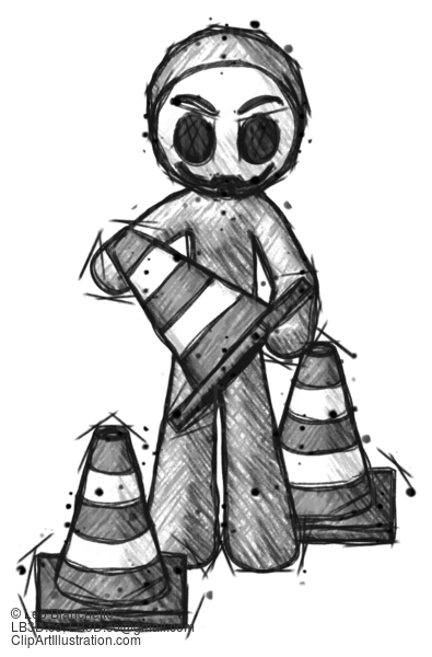 Sketch Little Anarchist Hacker Man Holding A Traffic Cone #14954