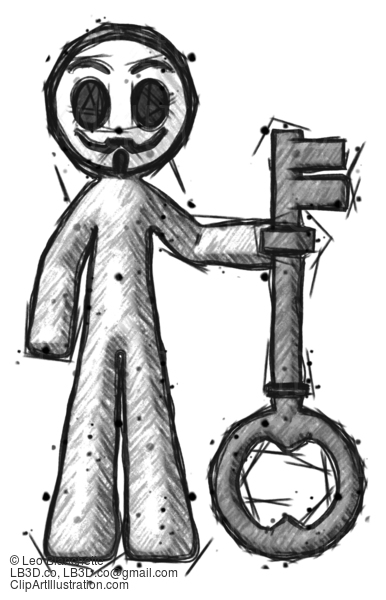 Sketch Little Anarchist Hacker Man Holding Key Made Of Gold #14960