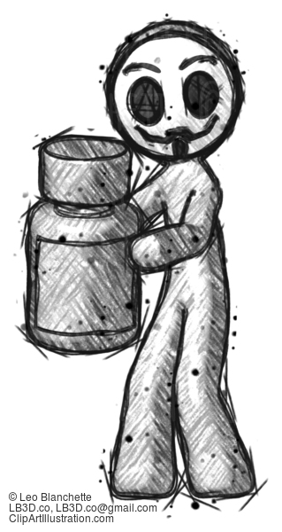 Sketch Little Anarchist Hacker Man Holding White Medicine Bottle #14974