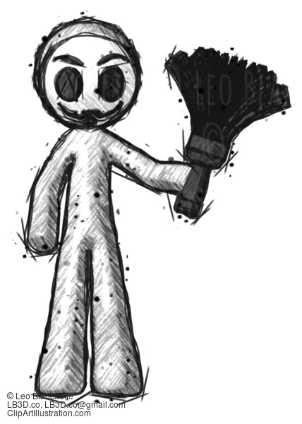 Sketch Little Anarchist Hacker Man Holding Feather Duster Facing Forward #14982