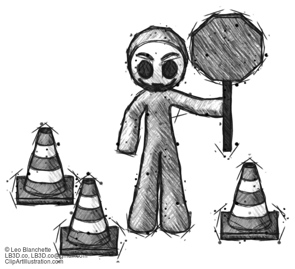 Sketch Little Anarchist Hacker Man Holding Stop Sign By Traffic Cones Under Construction Concept #14984