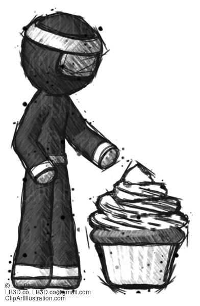 Sketch Ninja Warrior Man With Giant Cupcake Dessert #15301