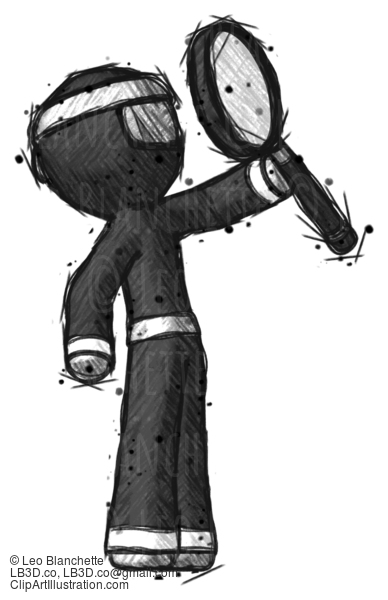 Sketch Ninja Warrior Man Inspecting With Large Magnifying Glass Facing Up #15304