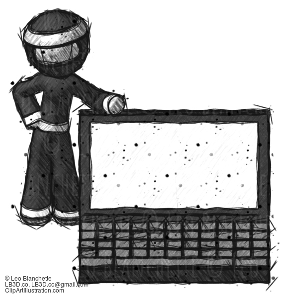 Sketch Ninja Warrior Man Beside Large Laptop Computer, Leaning Against It #15325