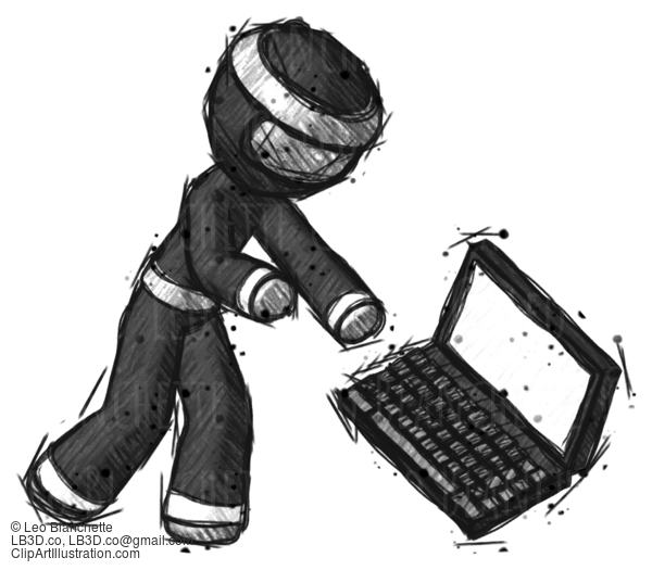 Sketch Ninja Warrior Man Throwing Laptop Computer In Frustration #15329