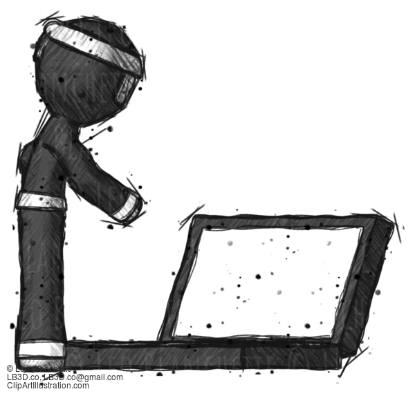 Sketch Ninja Warrior Man Using Large Laptop Computer Side Orthographic View #15339