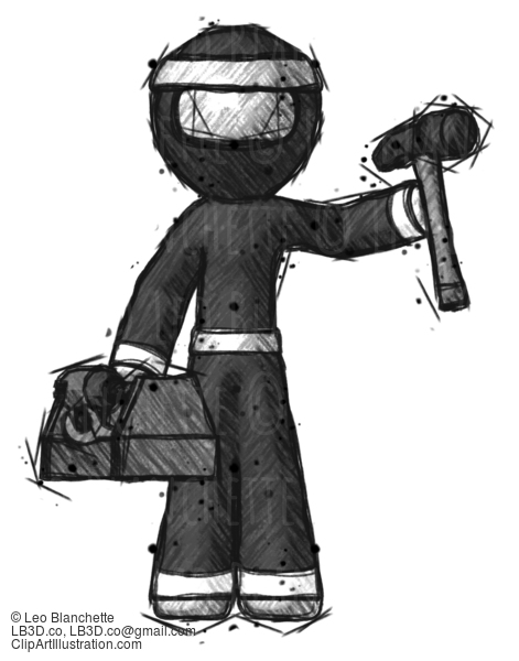 Sketch Ninja Warrior Man Holding Tools And Toolchest Ready To Work #15348