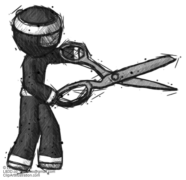 Sketch Ninja Warrior Man Holding Giant Scissors Cutting Out Something #15362