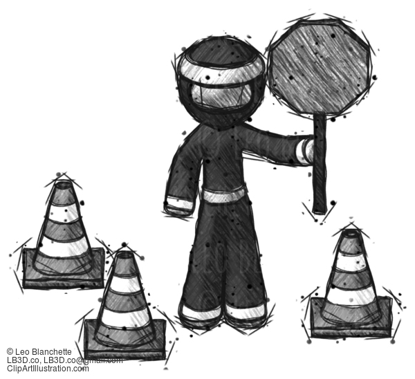 Sketch Ninja Warrior Man Holding Stop Sign By Traffic Cones Under Construction Concept #15371