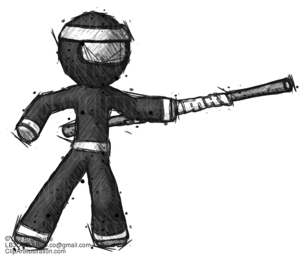 Sketch Ninja Warrior Man Bo Staff Pointing Right Kung Fu Pose #15372