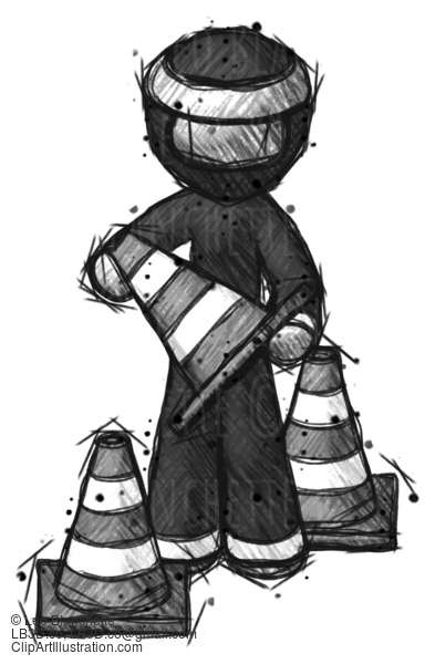 Sketch Ninja Warrior Man Holding A Traffic Cone #15376