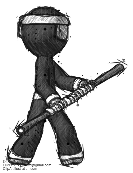 Sketch Ninja Warrior Man Holding Bo Staff In Sideways Defense Pose #15379