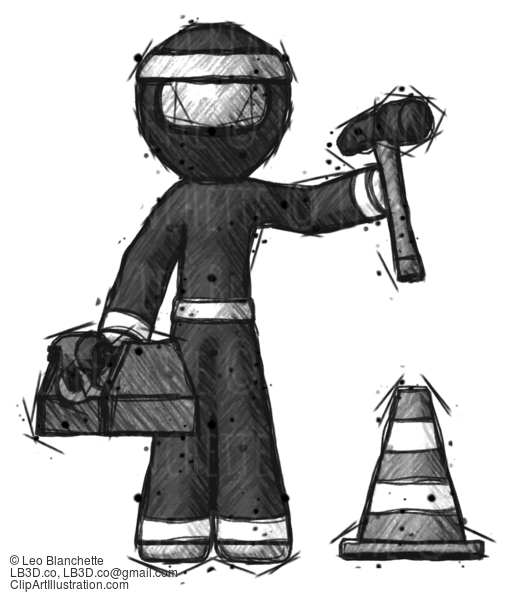 Sketch Ninja Warrior Man Under Construction Concept, Traffic Cone And Tools #15386