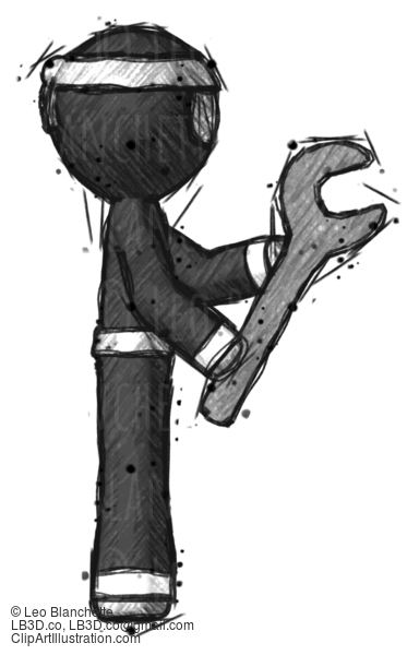 Sketch Ninja Warrior Man Using Wrench Adjusting Something To Right #15398