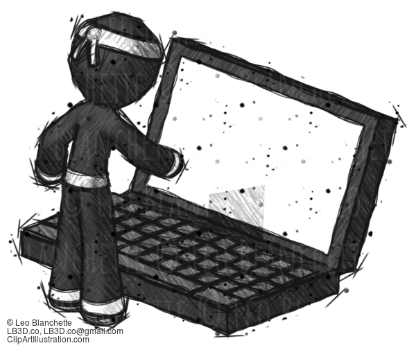 Sketch Ninja Warrior Man Using Large Laptop Computer #15408