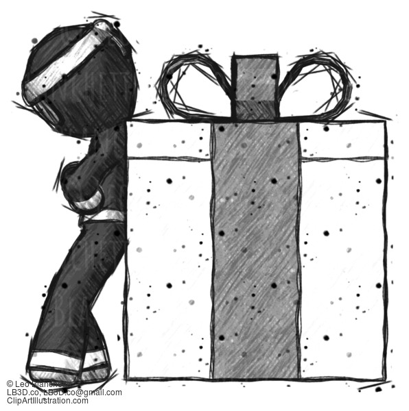 Sketch Ninja Warrior Man Gift Concept - Leaning Against Large Present #15413