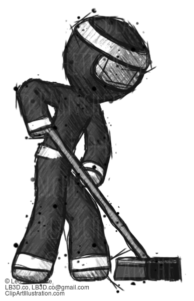 Sketch Ninja Warrior Man Cleaning Services Janitor Sweeping Side View #15423