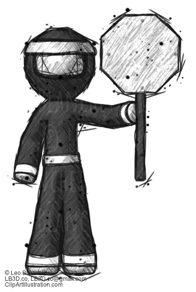 Sketch Ninja Warrior Man Holding Stop Sign #15428