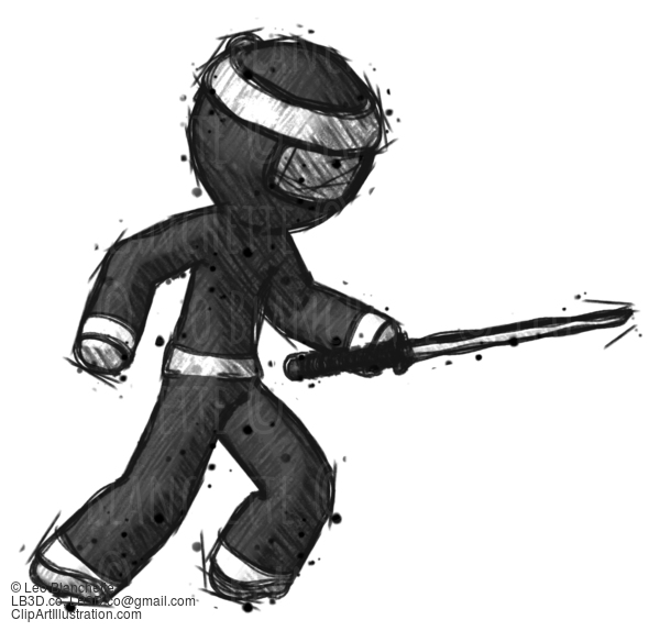 Sketch Ninja Warrior Man Stabbing With Ninja Sword Katana #15438