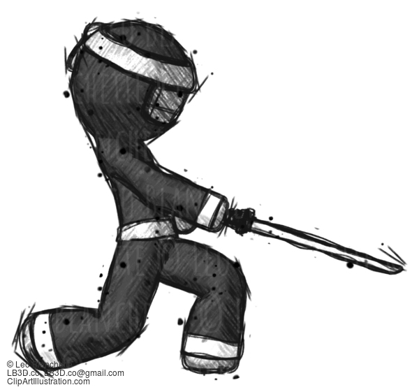 Sketch Ninja Warrior Man With Ninja Sword Katana Slicing Or Striking Something #15441