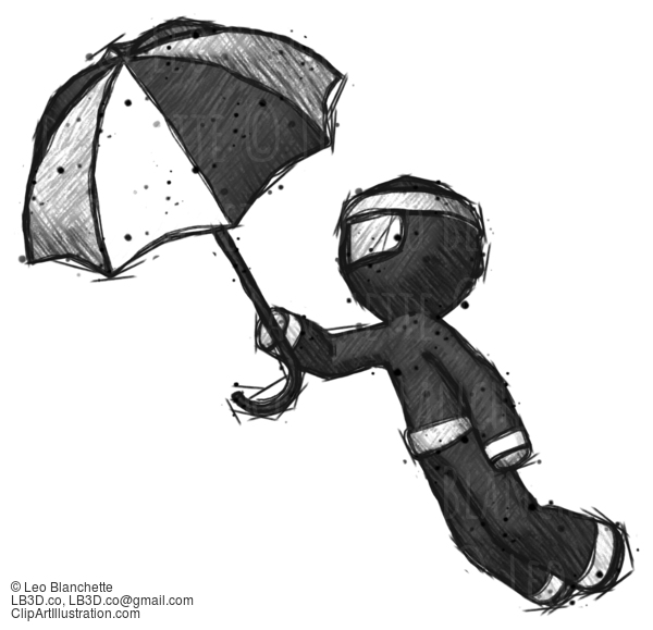 Sketch Ninja Warrior Man Flying With Umbrella #15446