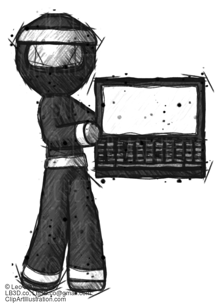 Sketch Ninja Warrior Man Holding Laptop Computer Presenting Something On Screen #15447